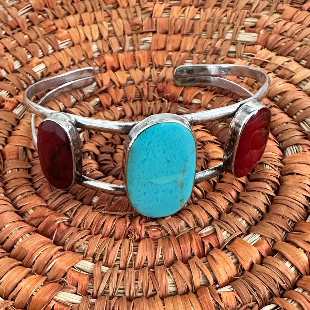 Native Bracelet with 3 Stones of Turquoise and Red Coral Sterling Silver Cuff